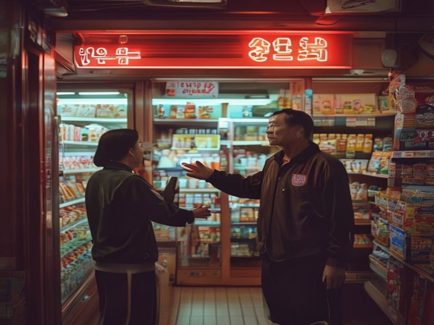 洪明甫在韩国便利店门口被店员伸手阻止进入