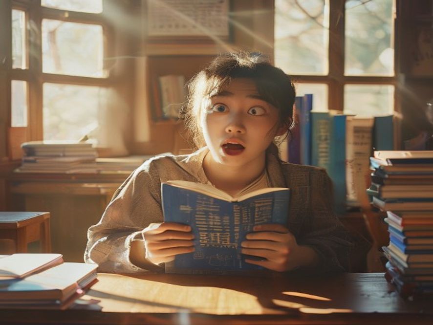 大学生面对厚心理学教材惊讶表情