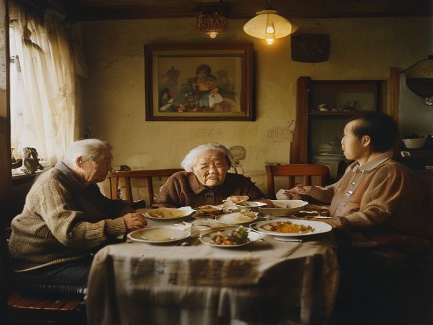 三代中国人在餐桌前沉默用餐,气氛压抑