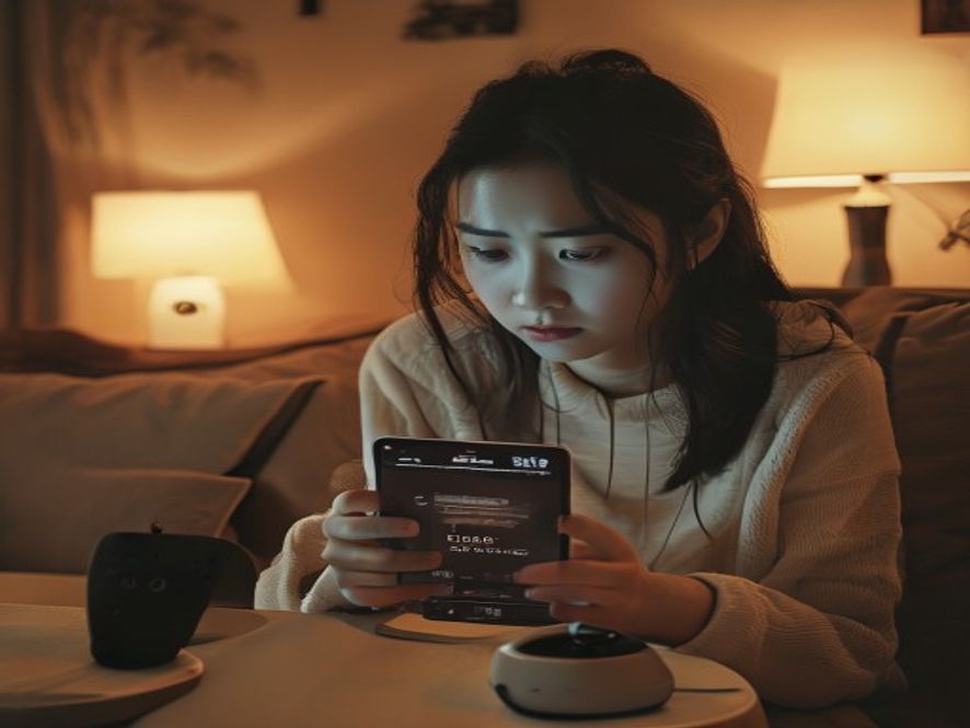 一名年轻女性玩家皱着眉看着手机屏幕上的游戏争议新闻,手机界面模糊显示731活动代号