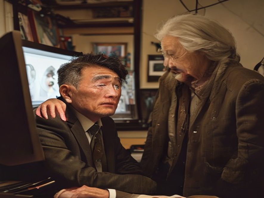 中年顾客看着相机屏幕里的照片感动落泪,老奶奶在旁微笑