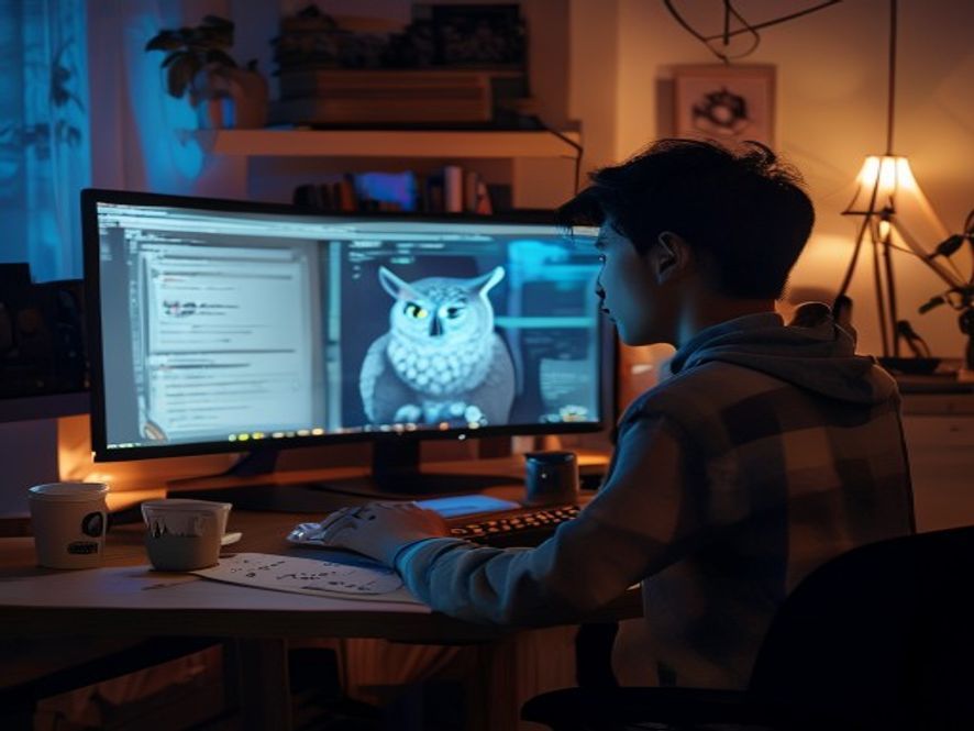 一位中国程序员在深夜的电脑前查看匿名AI模型Owl Alpha的页面