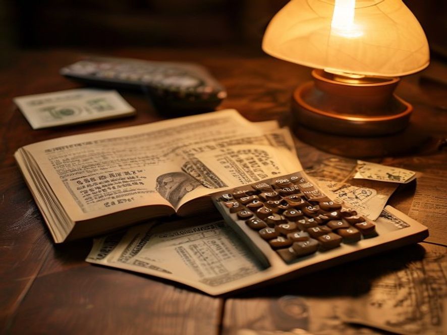 一本打开的《民法典》放在桌上,旁边有计算器和几张钞票,象征赔偿责任