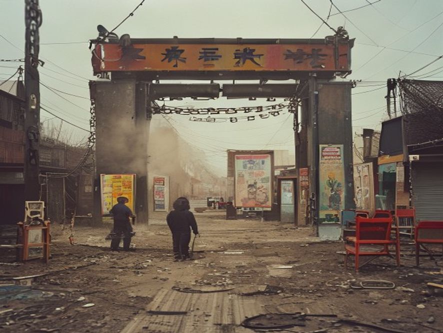 一条冷清的电影拍摄街道,摄影棚大门紧锁,只有几个工人正在拆卸道具