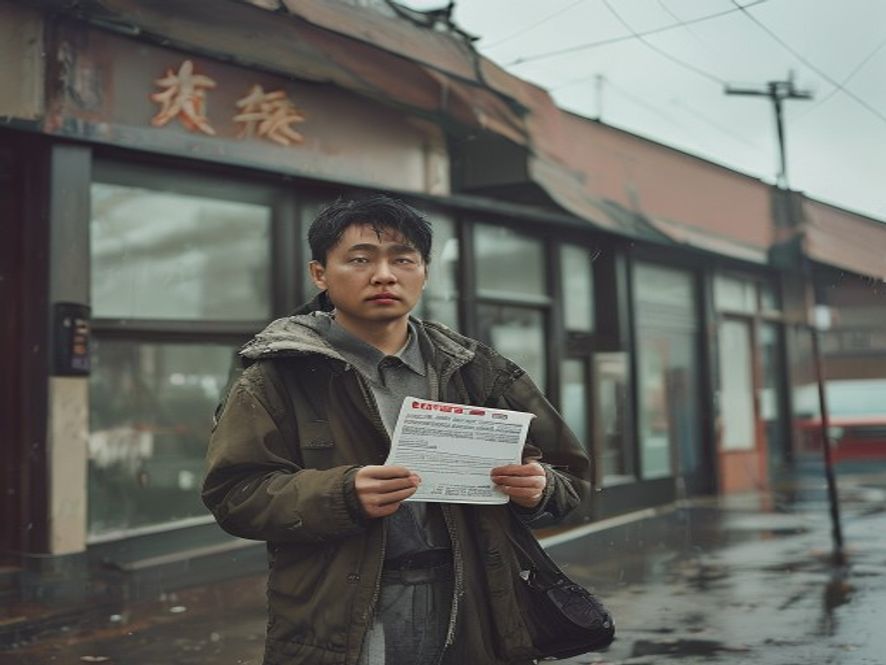 一位知名演员在经纪公司门口徘徊,手中拿着未接的试镜通知