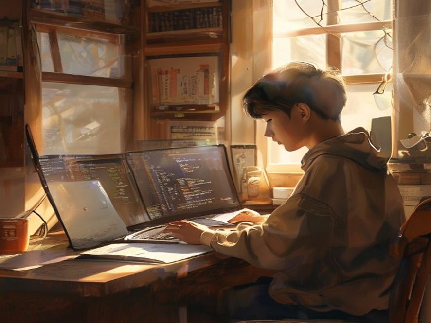 少年在书桌前对比清北和南大计算机资料