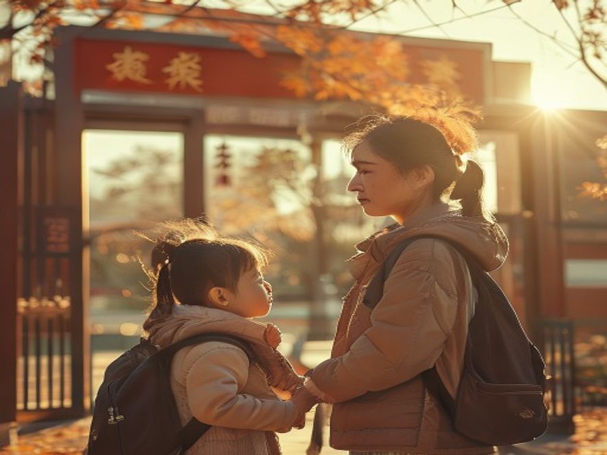 一位中国家长和孩子站在学校门口,家长神情焦虑,孩子背着书包