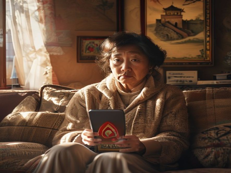 一名中年女性坐在客厅沙发上,手中拿着手机,屏幕上显示隐私警告图标,背景有中国长城图案挂画,象征隐私焦虑与网络边界