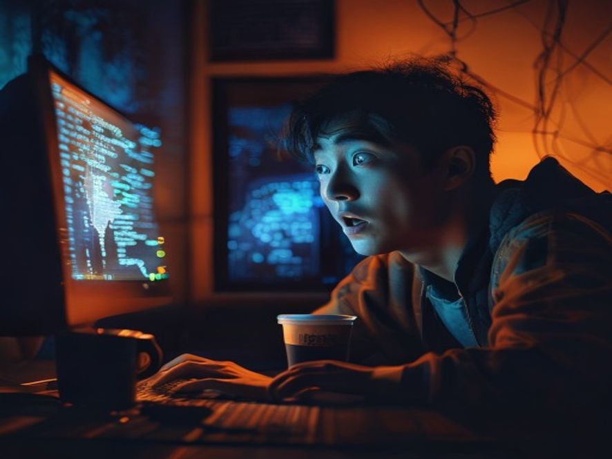 一名年轻男子在昏暗房间内盯着电脑屏幕,屏幕上显示二进制代码和地图,表情震惊,营造科幻电影氛围