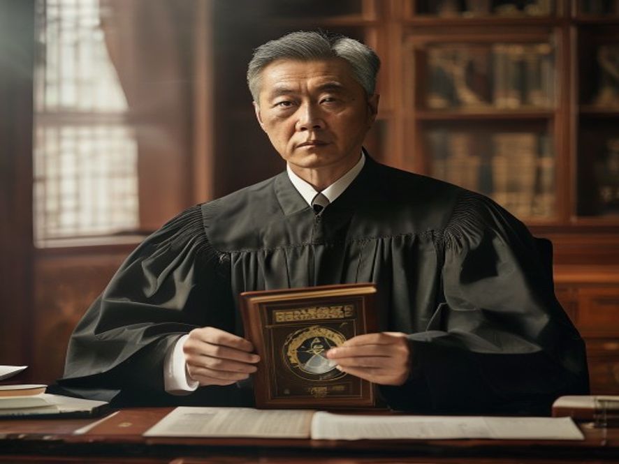 法官手持民法典与放大镜,背景是模糊的大学校徽