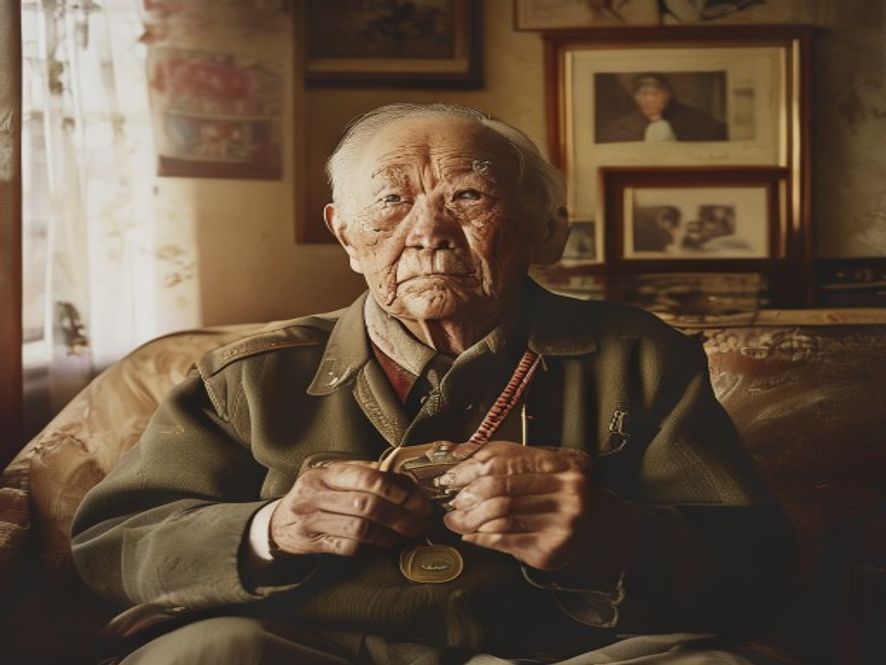 一位年迈的抗美援朝老兵双手捧着一枚和平勋章,目光深邃