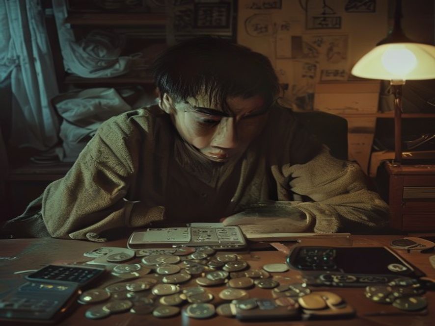 一个人沮丧地看着桌上仅有的几枚硬币和一部旧手机