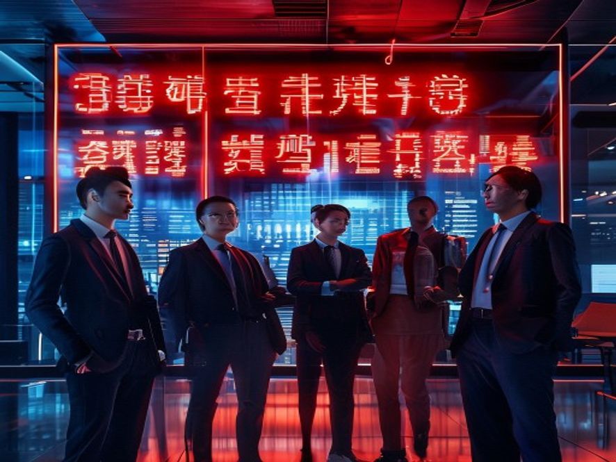 商务人士在数据大屏前查看服务贸易总额