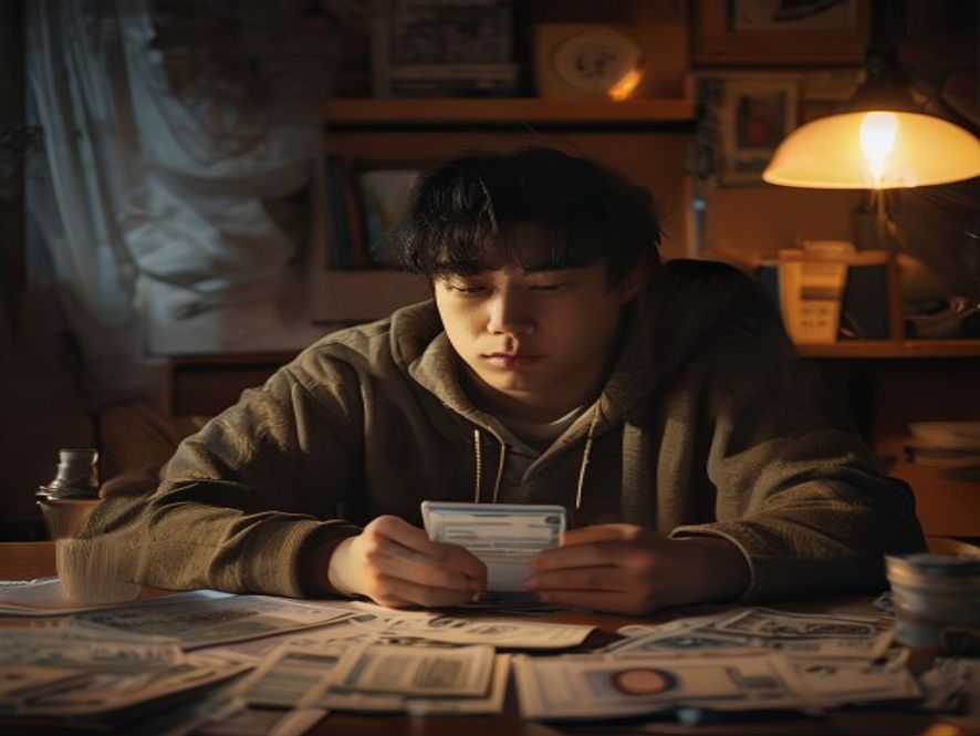 一个年轻人坐在桌前看着手机上的转账记录,表情纠结