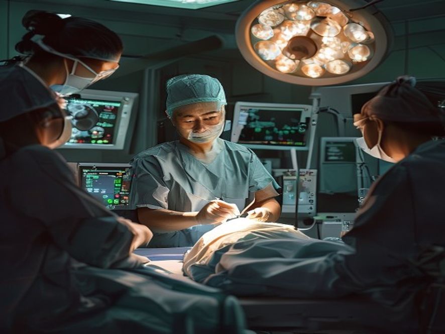 一位中年医生在手术室里专注地抢救病人,手术灯明亮,周围有护士协助