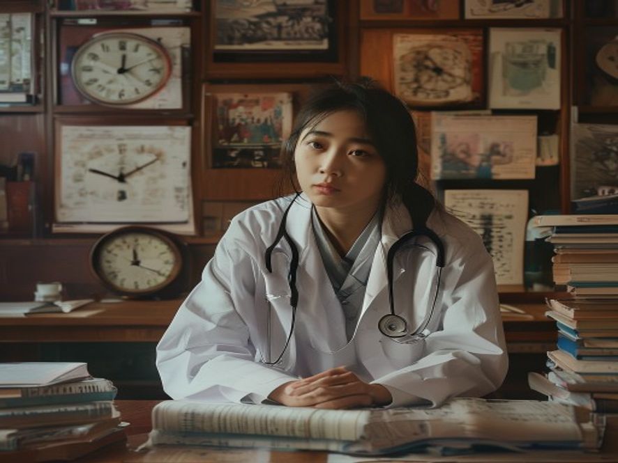 一名年轻女性医学生穿着白大褂,在堆满医学书籍的桌前学习,墙上挂着医学图表