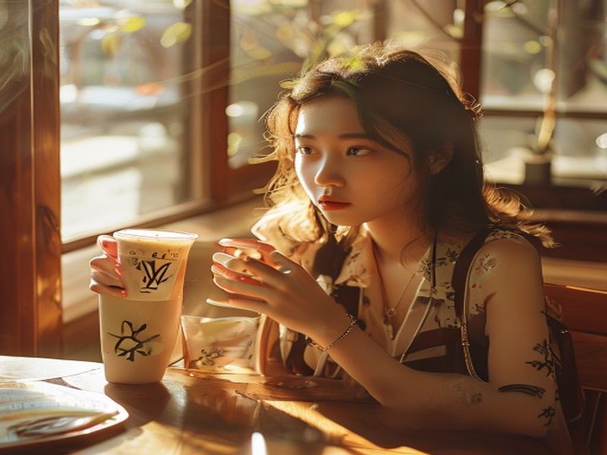消费者手拿茉莉奶白奶茶和LV包对比花朵图案