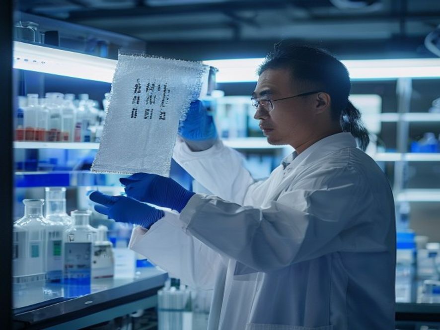 实验室科研人员手持Western blot膜,指出条带背景完全一致,揭示学术不端