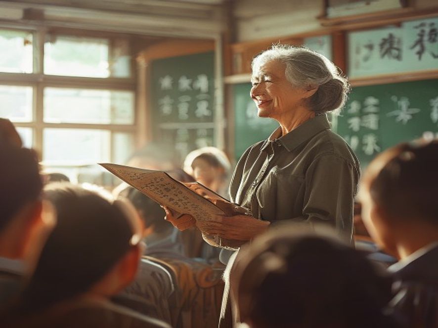 语文老师在讲台上朗读学生周记,全班同学回头注视