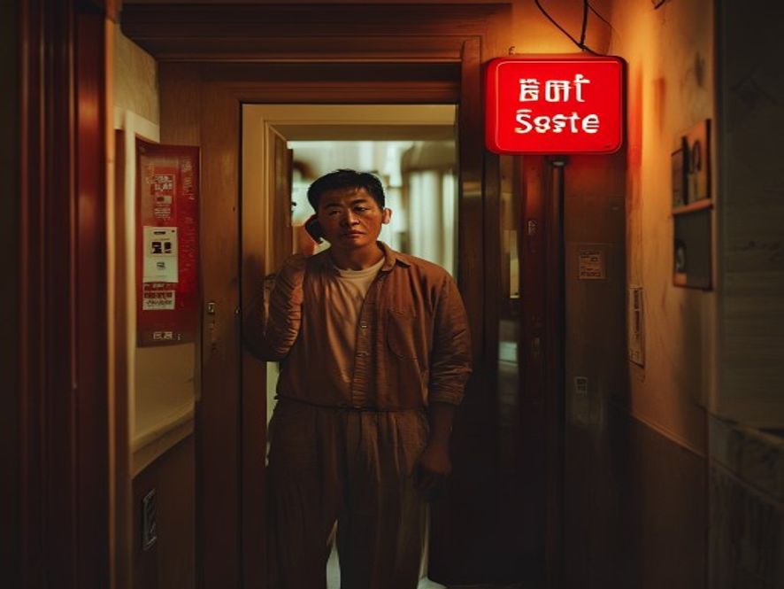 住户在家门口拿着手机,表情犹豫,背景显示电梯故障标识