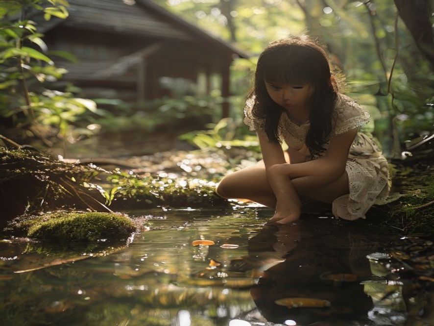 小女孩蹲在森林溪边专注地观察水中的蝌蚪