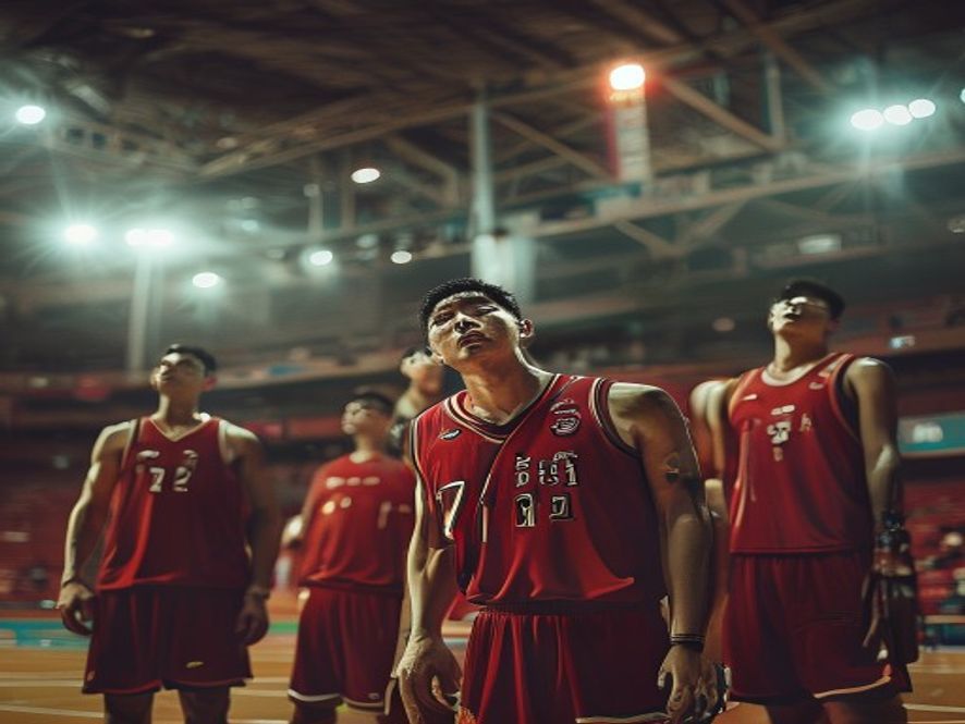中国男篮球员在场上沮丧低头