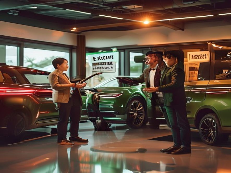 一家人在4S店看新电动汽车,销售人员展示免税优惠
