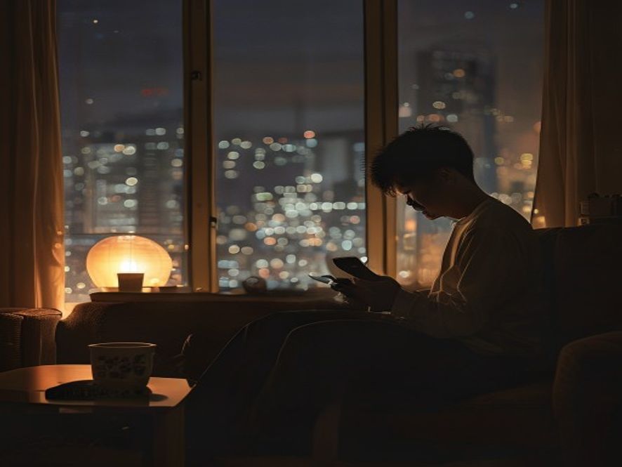 孤独的年轻人夜晚坐在公寓窗边