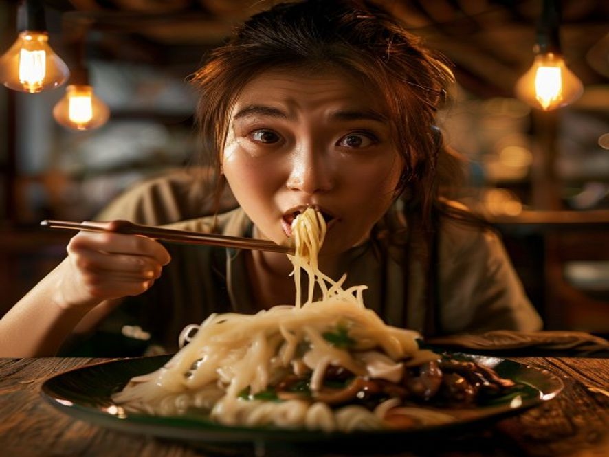 食客品尝撒撇米线,表情惊喜