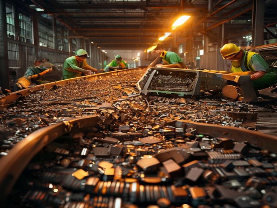 回收工厂工人从废旧电器中提取金属资源,体现城市矿山