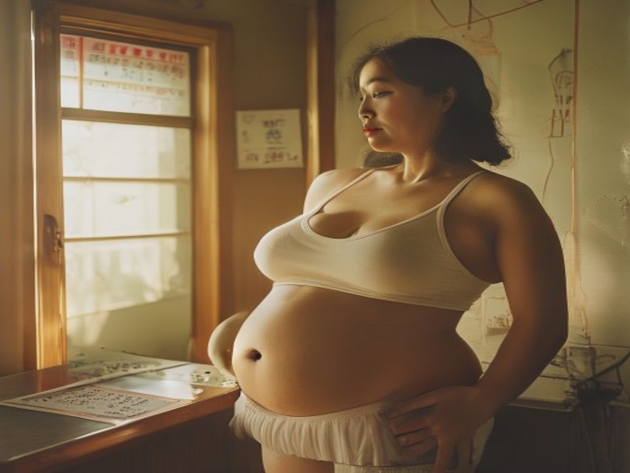 一位看似不胖的亚裔女性在量腰围,旁边放着BMI标准下调的说明书
