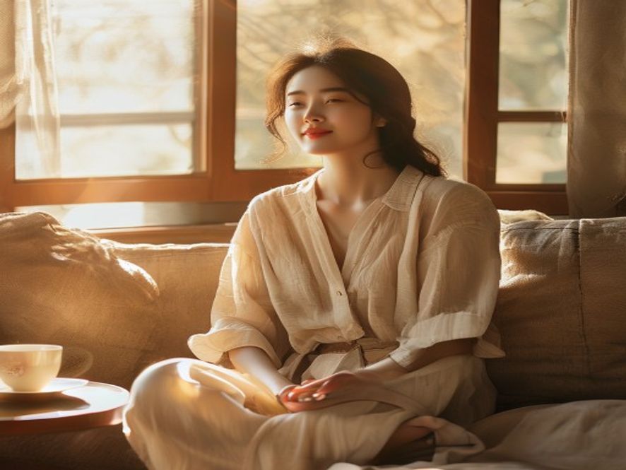 年轻女性穿着宽松舒适的休闲服,面带微笑在客厅里放松