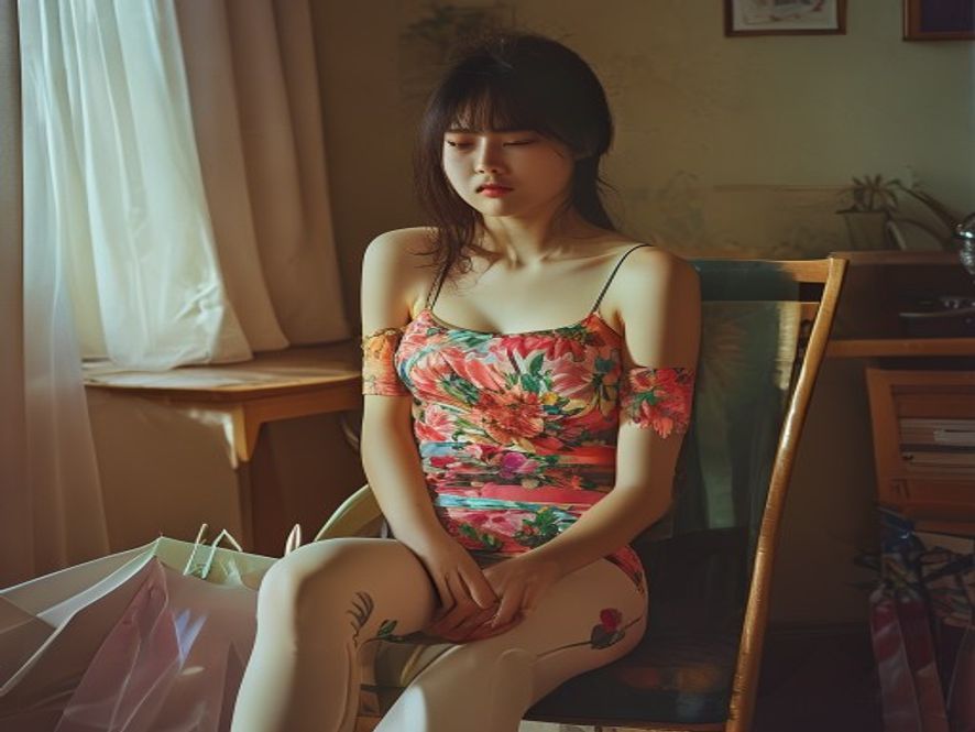 年轻女性穿着紧身裤和花哨上衣,表情痛苦地坐在椅子上揉腰