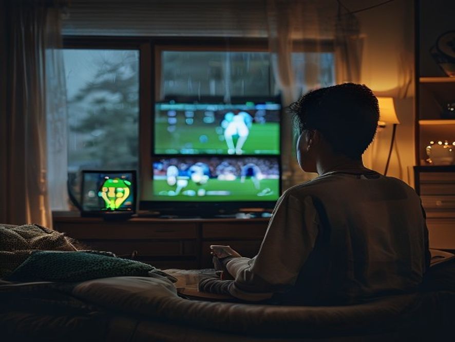 一个人窝在沙发上看苏超直播,窗外阴雨