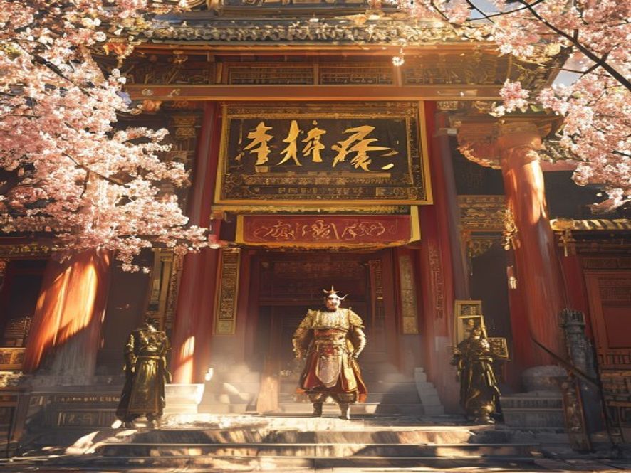 齐天大圣府邸门前,孙悟空意气风发地站在匾额下