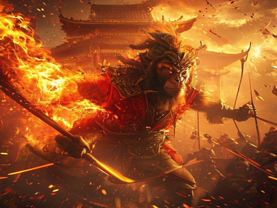 孙悟空从八卦炉中跳出,手持金箍棒,火眼金睛怒视天庭
