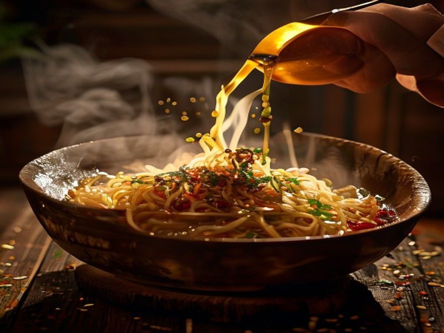 厨师将滚烫菜籽油泼在铺满辣椒面的宽面上