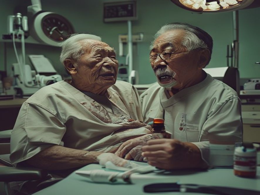 心梗老人在牙科诊室,医生忽视心脏风险准备拔牙,桌上放有抗凝药和心电图报告