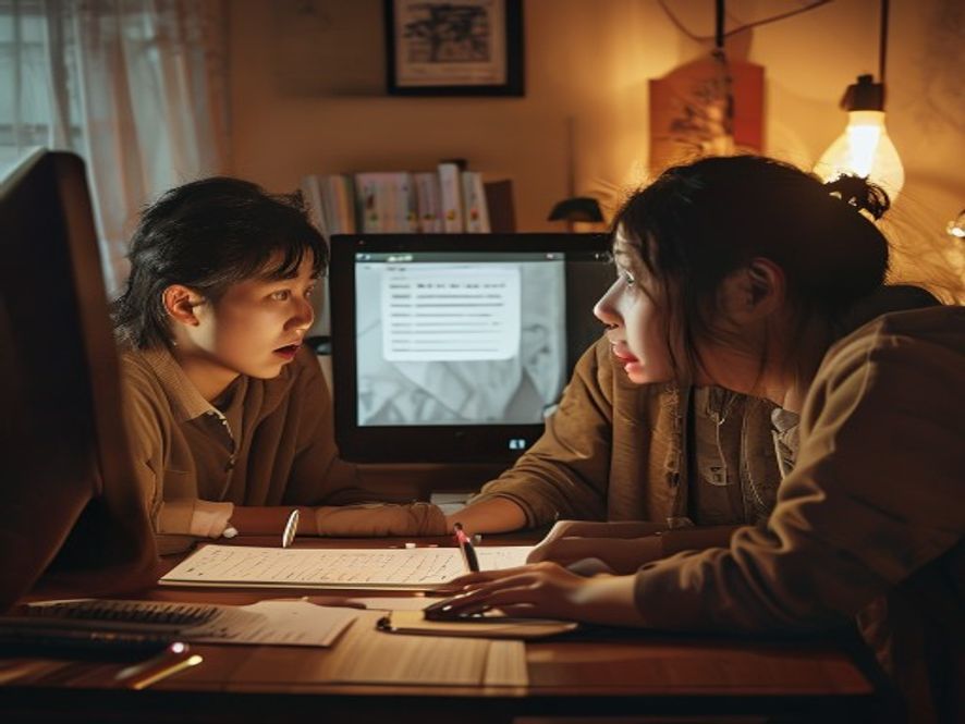 一名学生和父母在电脑前面对高考志愿被删的绝望
