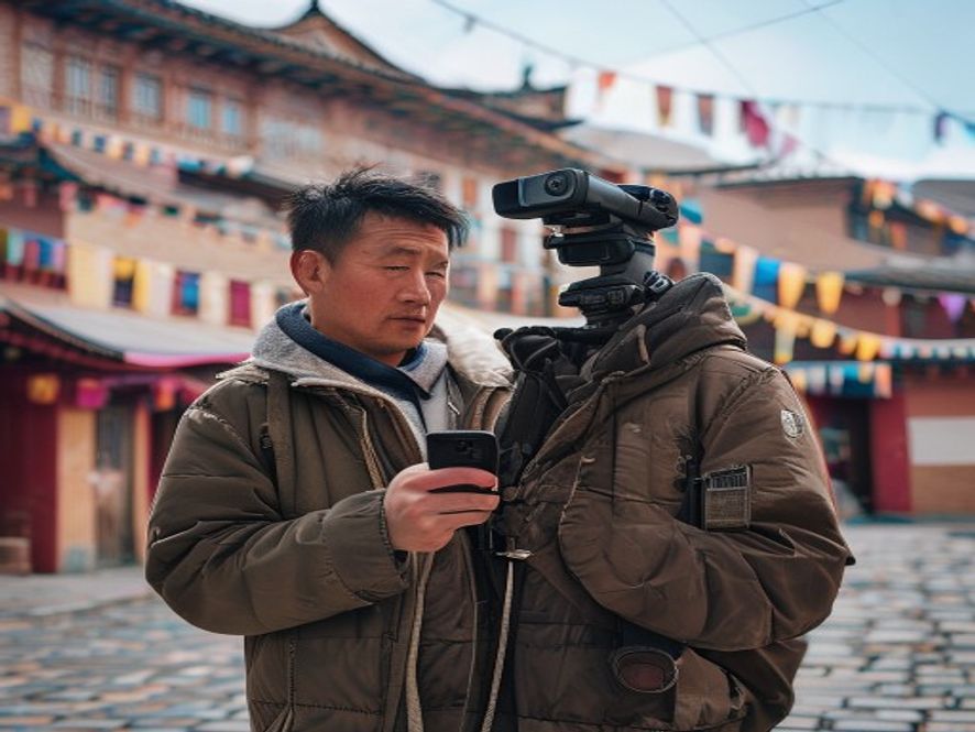 一个年轻人手持手机和手持云台,站在拉萨街头准备拍摄