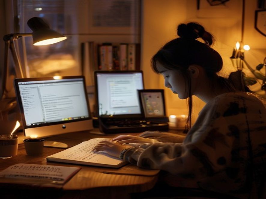 一位网文作者在深夜认真写作,桌上有读者打赏和推荐票的提示