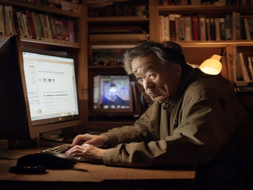 一位老白读者坐在电脑前,看着起点读书页面,表情失望,屏幕上有催更和烂尾评论