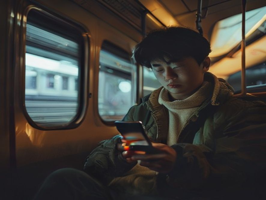 一名年轻男子在高铁上对着手机面露无奈,手机屏幕显示加载中,窗外是隧道景象
