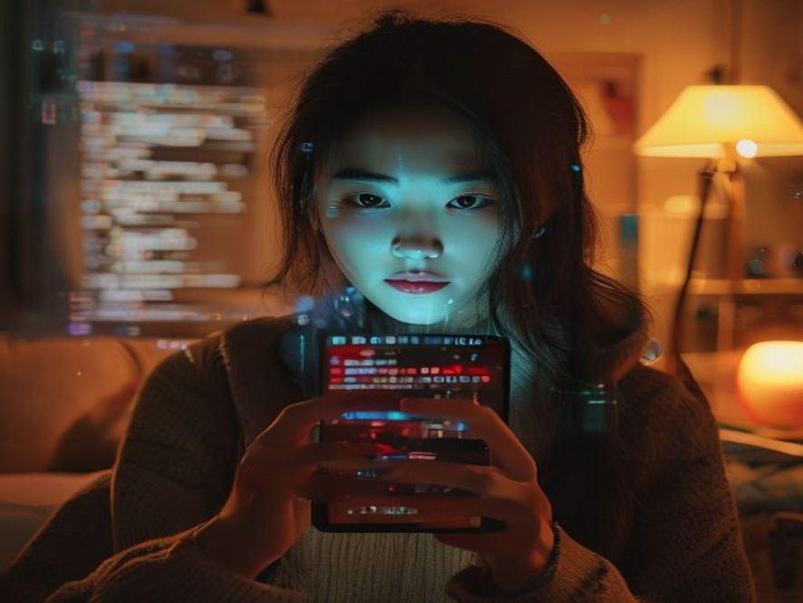 一名普通用户手握手机,屏幕显示数据泄露警告,背景是数字代码流