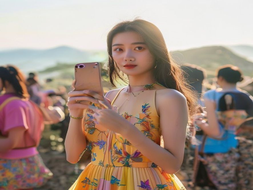 年轻女性在网红打卡点穿着廉价裙子拍照
