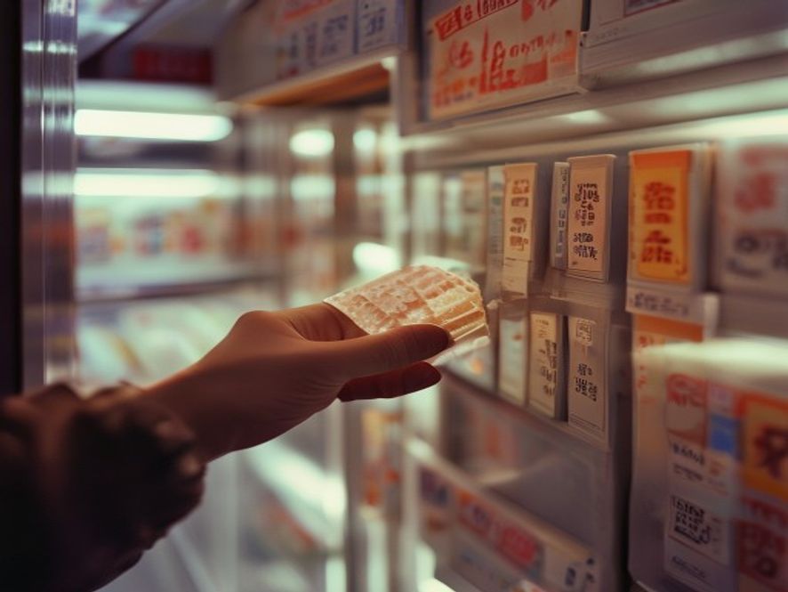 一只手在便利店冰柜前翻看雪糕底部价格,超过5元放回