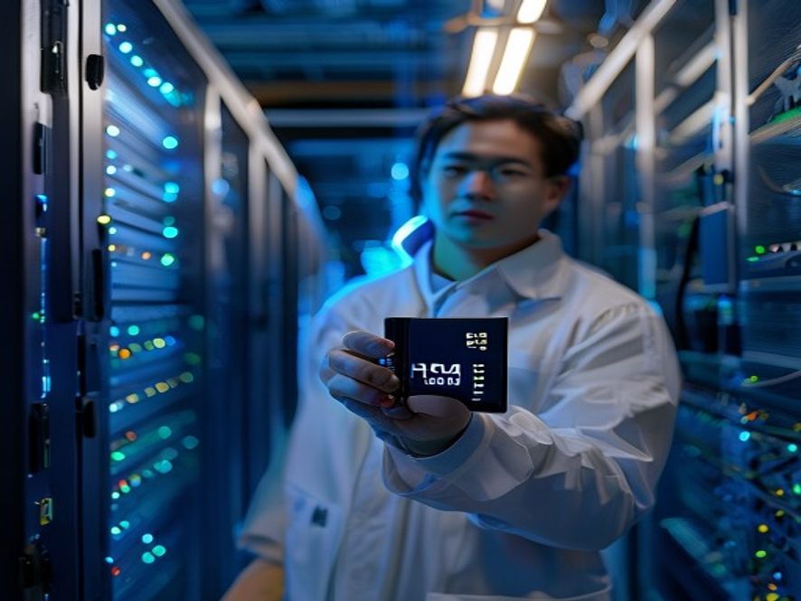 工程师手持三星HBM内存芯片,背景是服务器机架