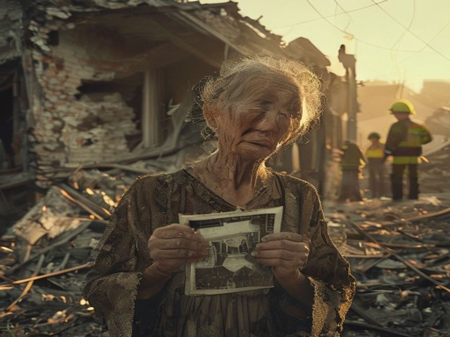 一位当地居民在废墟前神情悲痛,失联人员家属等待消息