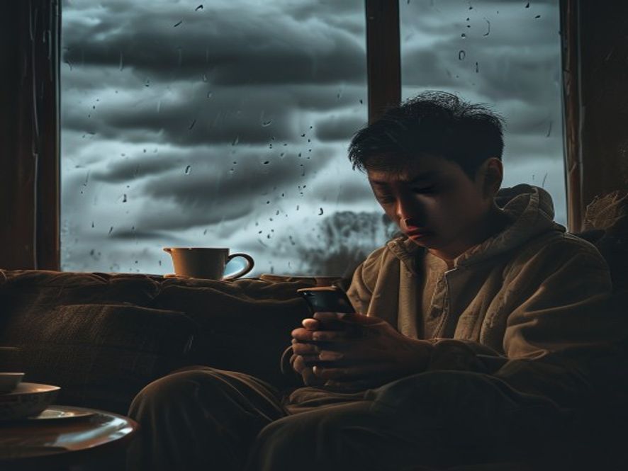 一名年轻男子在室内查看手机上的暴雨预警通知,窗外天色昏暗