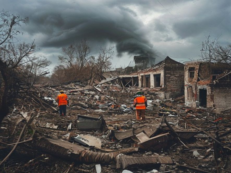 龙卷风过后,倒塌的民房和连根拔起的树木,一片狼藉